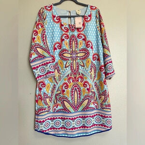 NWT Pink Owl Boho Multi Color‎ Scoop Neck Shift Dress Size Large